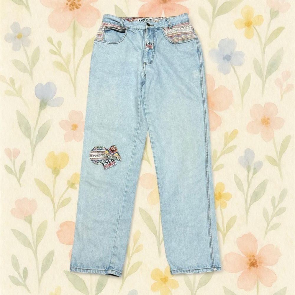 Vintage 90s Used by Elie Jeans Size 28 High Waist Mom Jeans Aztec Patch Denim